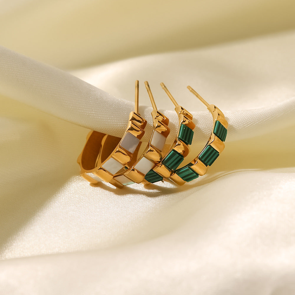 18k Gold Plated C Shape Bamboo Hoop Earrings with Shell