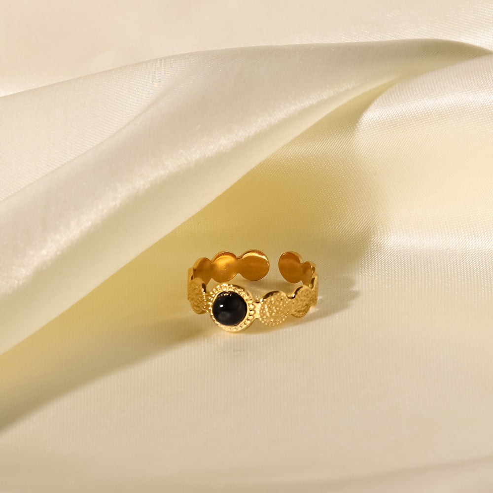 18K Gold Plated Hammer Texture Natural Stone Open Ring