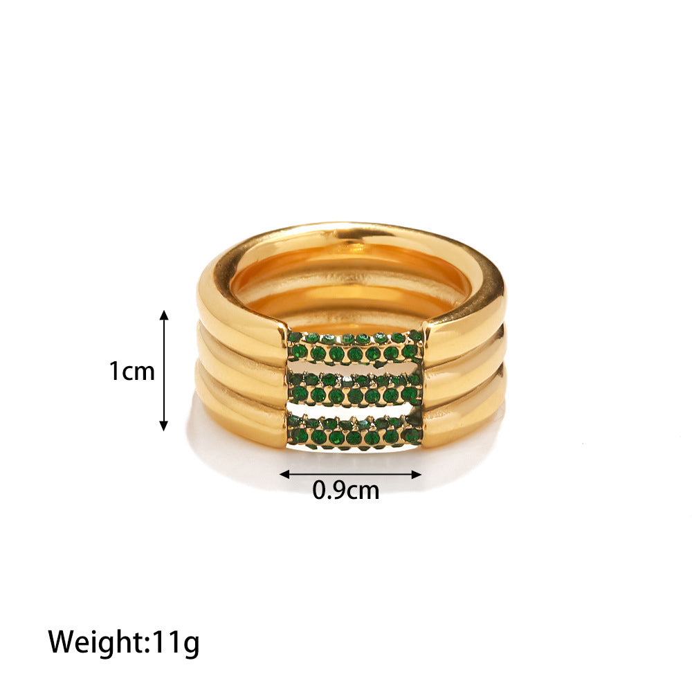 18K Gold Plated Three-Layer Ring with White/Green Diamond