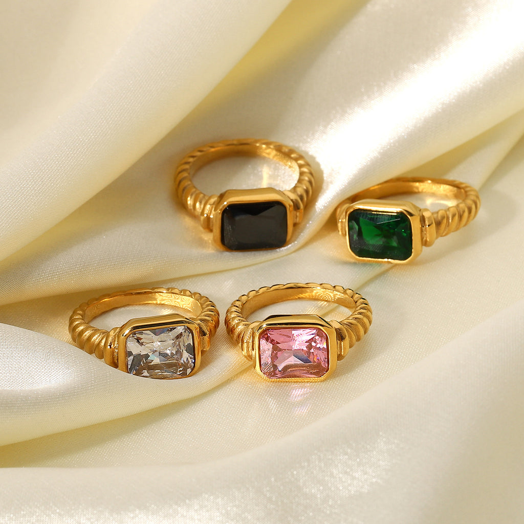 Rectangular Emerald Pink White Black Zircon Ring for Women