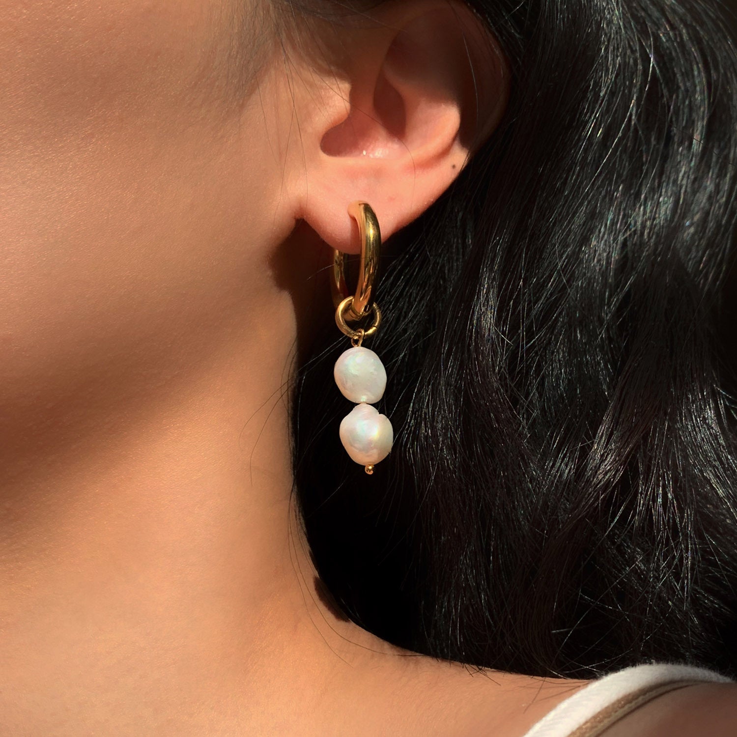 18K Gold Pearl Drop Double Earrings – Elegant Luxury Jewelry