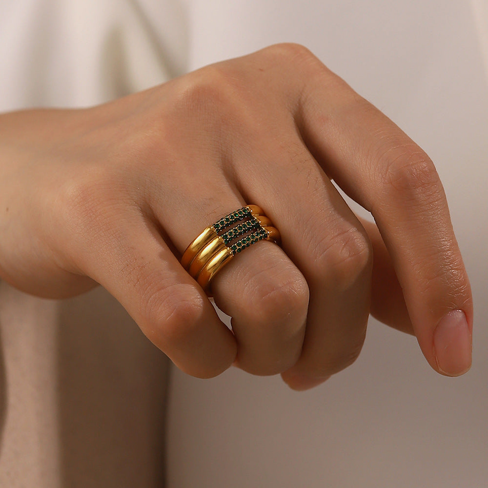18K Gold Plated Three-Layer Ring with White/Green Diamond