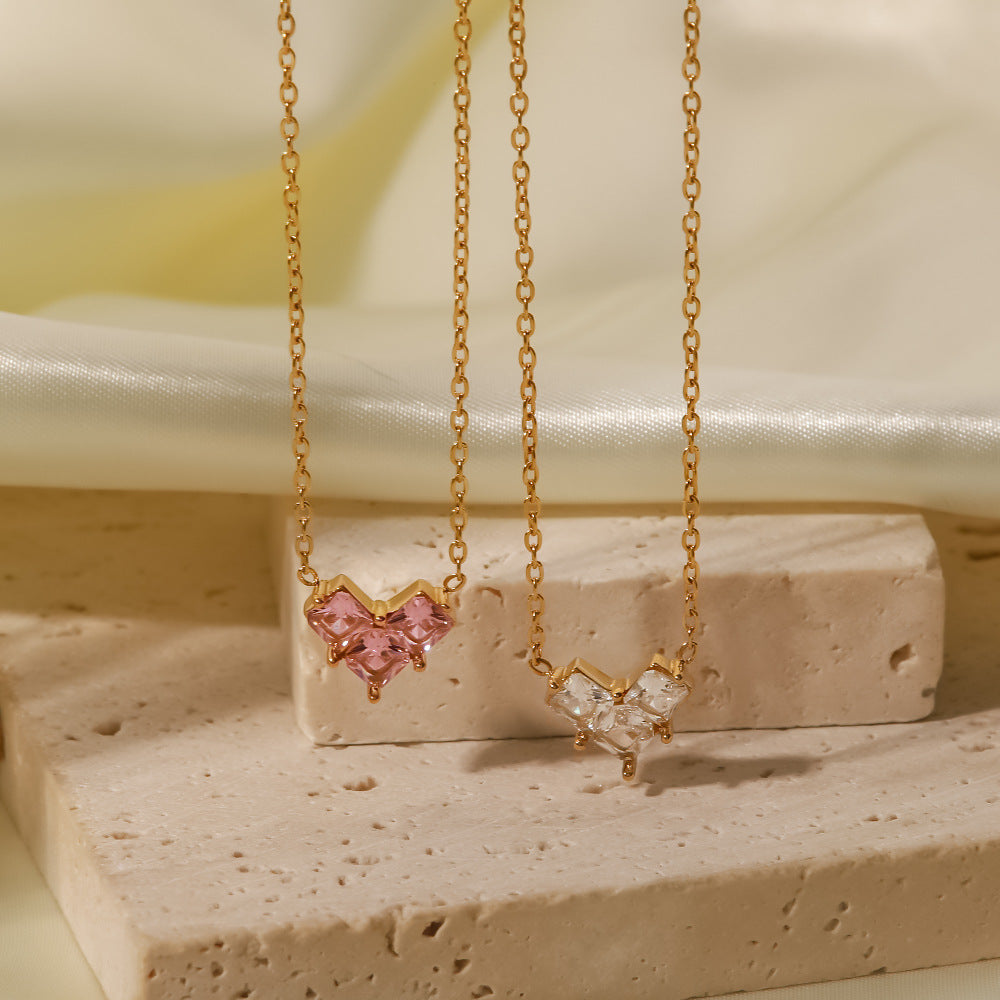 18K Gold Plated Love Pendant Necklace showcasing pink and white zircon on elegant chains.