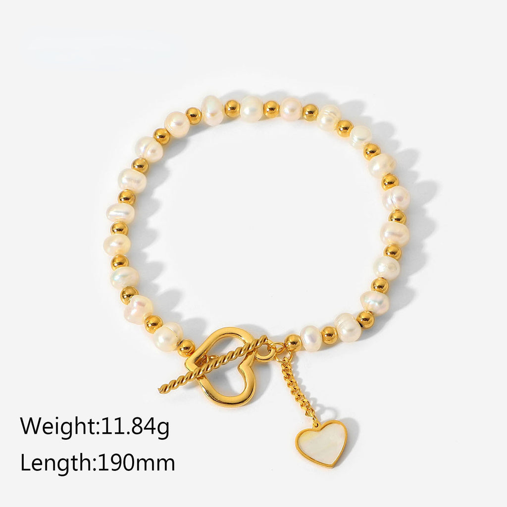 18K Gold Pearl Heart OT Buckle Bracelet for Women