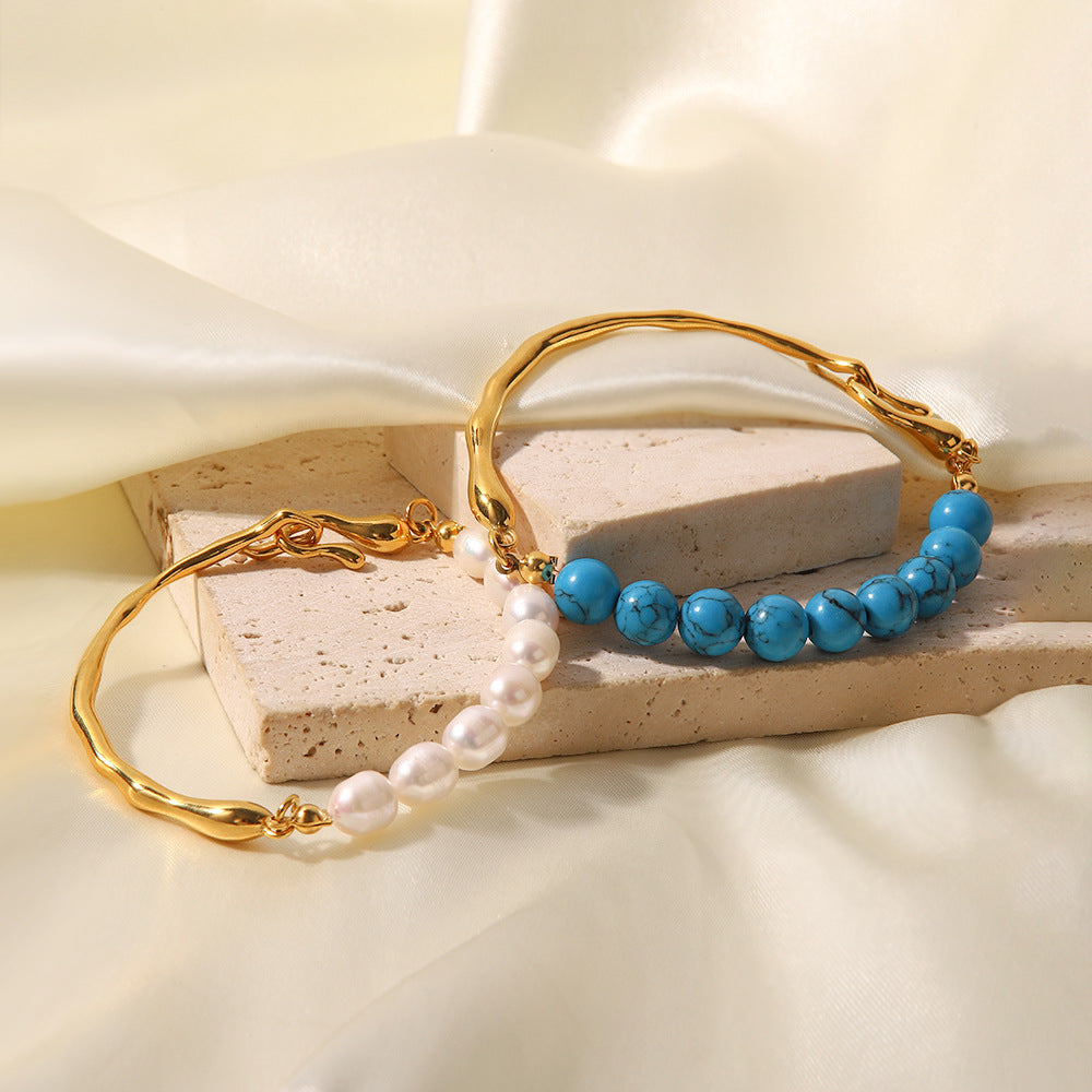 Natural Pearl Blue Turquoise 18K Gold Bracelet | Vintage Luxury