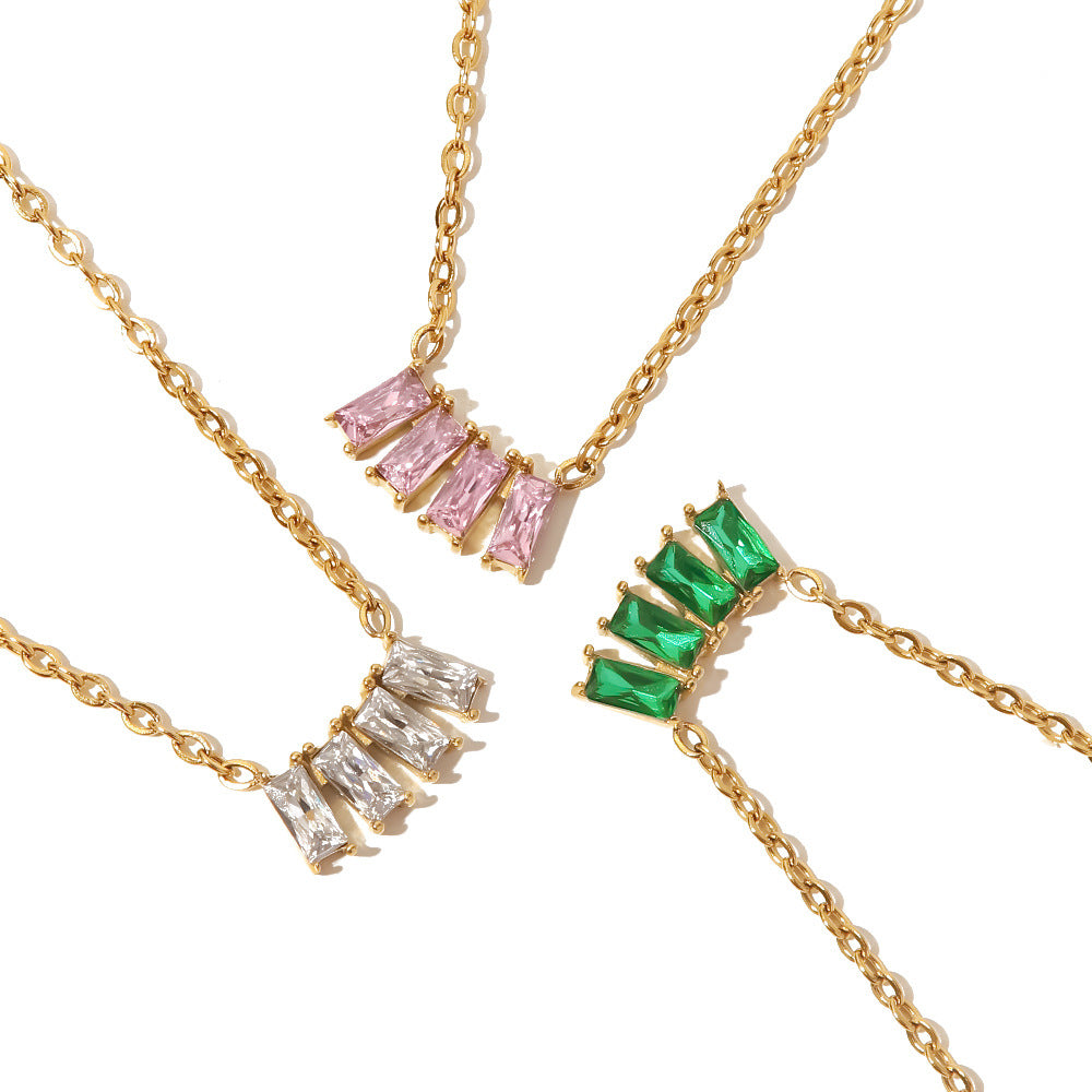 18K Gold Plated Zircon Necklace with Pink, White & Green Stones