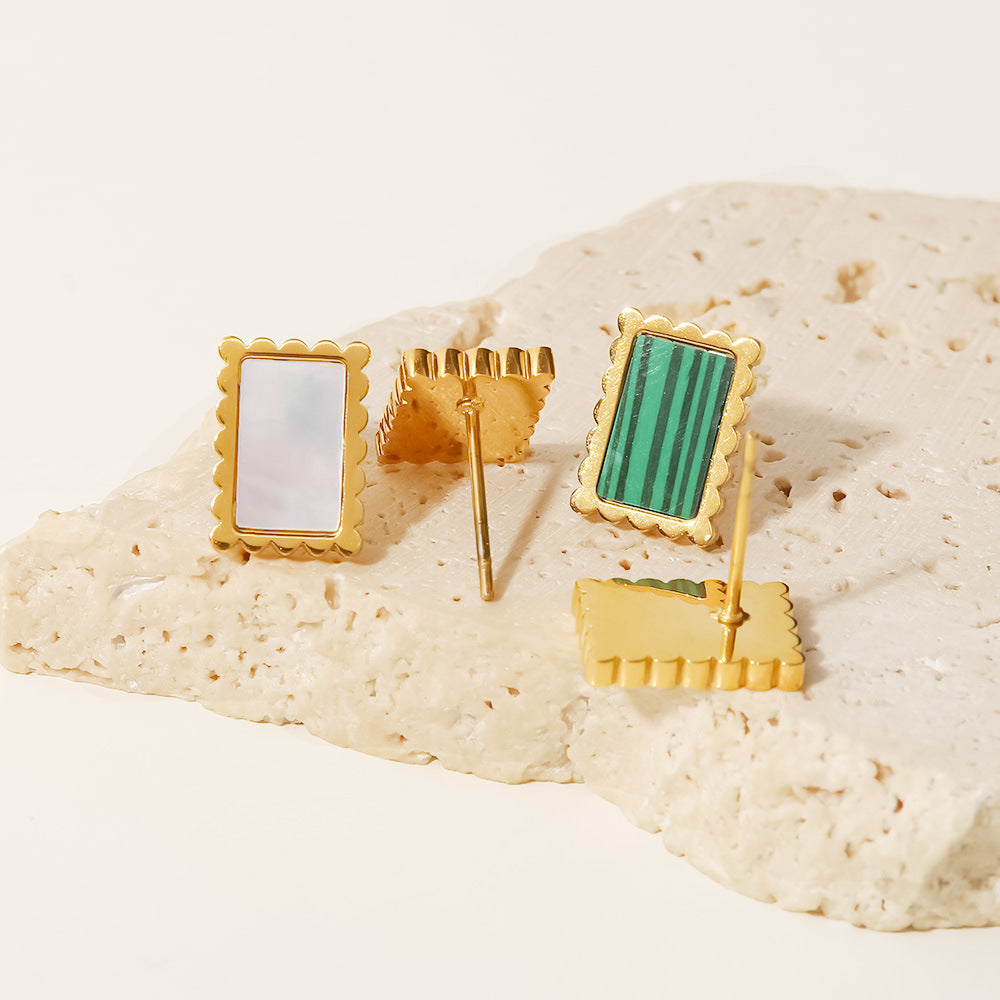 18K Gold Plated Square Earrings with Malachite & White Shell