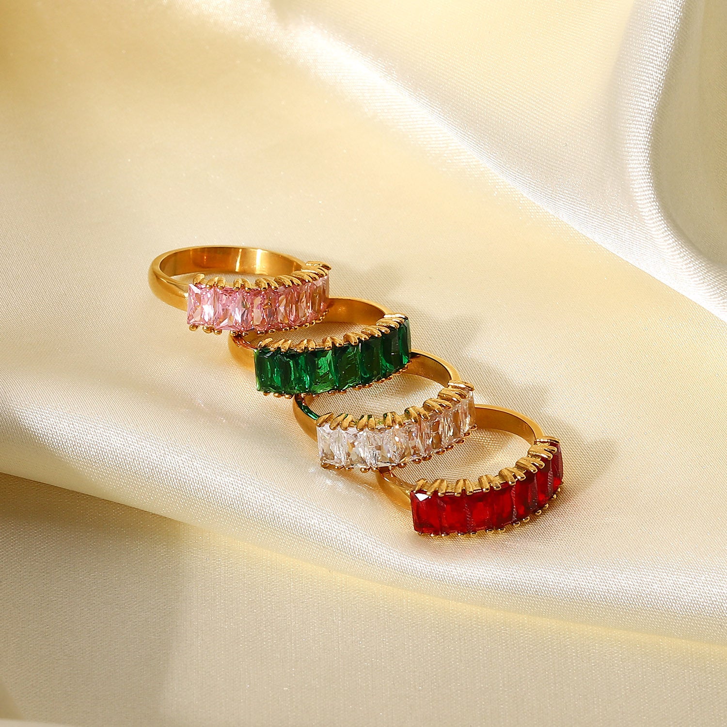 18K Gold Half Circle Rectangular White Red Green Pink Zircon Ring