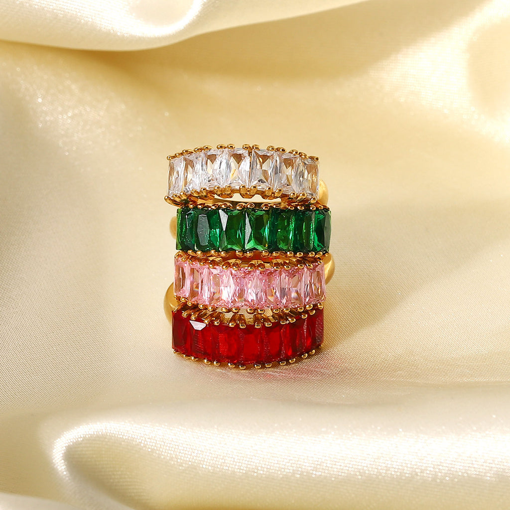 18K Gold Half Circle Rectangular White Red Green Pink Zircon Ring