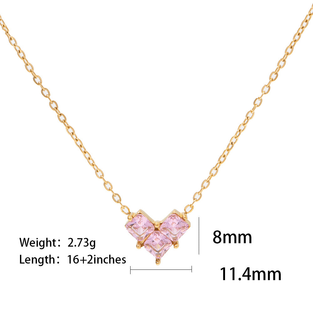 18K Gold Plated Love Pendant Necklace showcasing pink and white zircon on elegant chains.