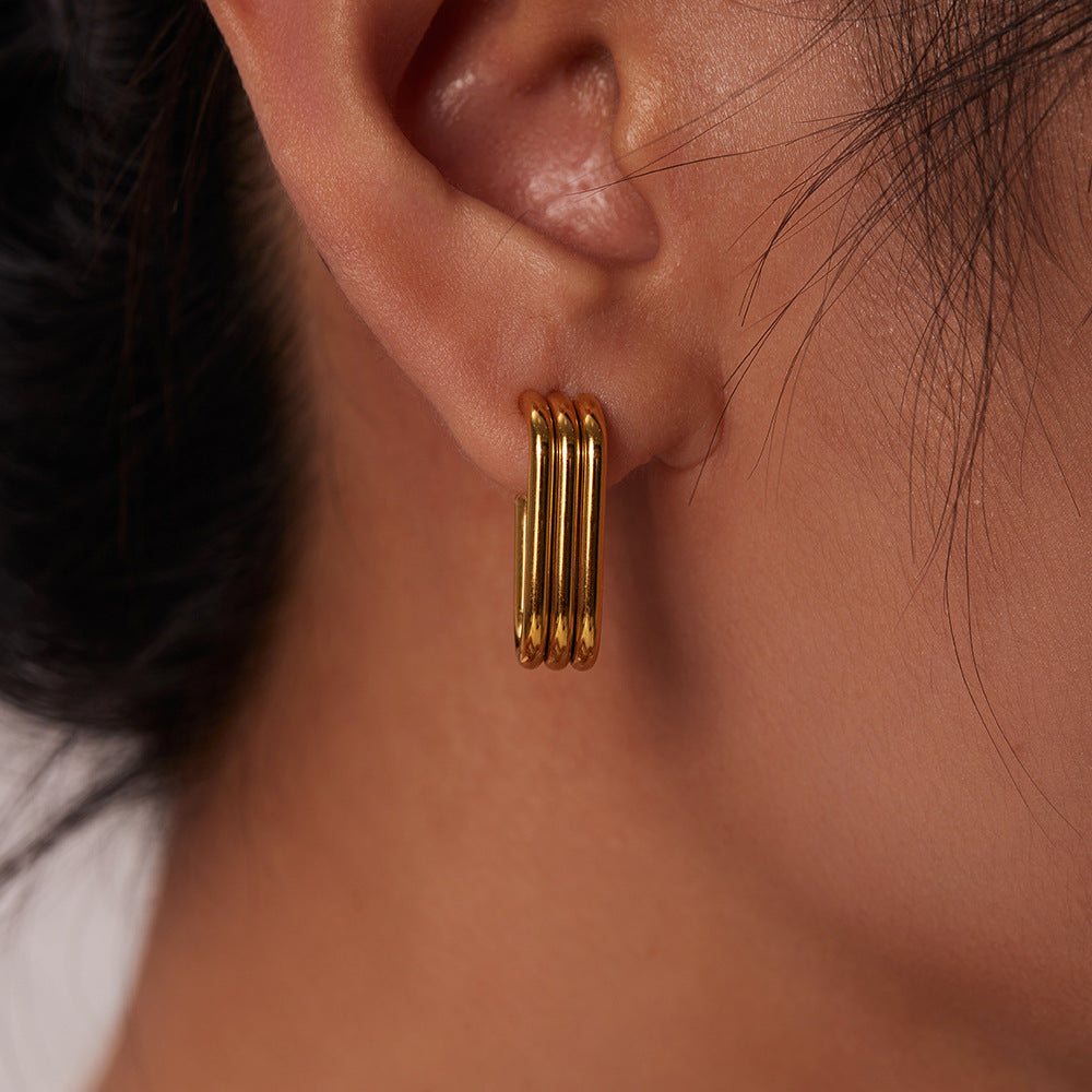18K Gold Three-Layer Ring U-Shaped Open Earrings for Women