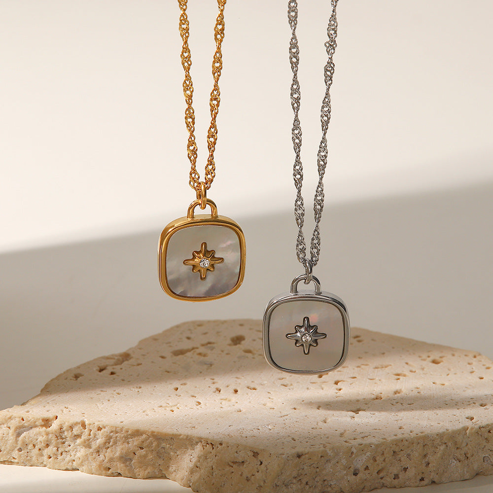 Square Inlaid Natural Shell Pendant Necklace for Women
