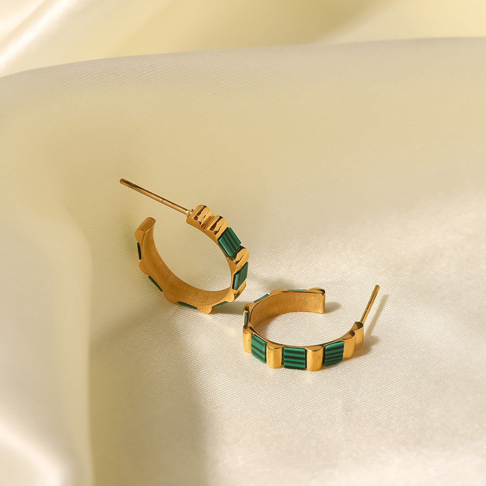 18k Gold Plated C Shape Bamboo Hoop Earrings with Shell