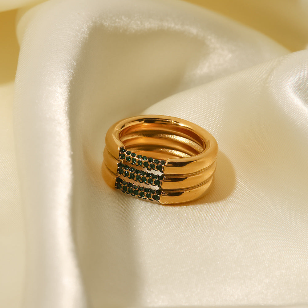 18K Gold Plated Three-Layer Ring with White/Green Diamond