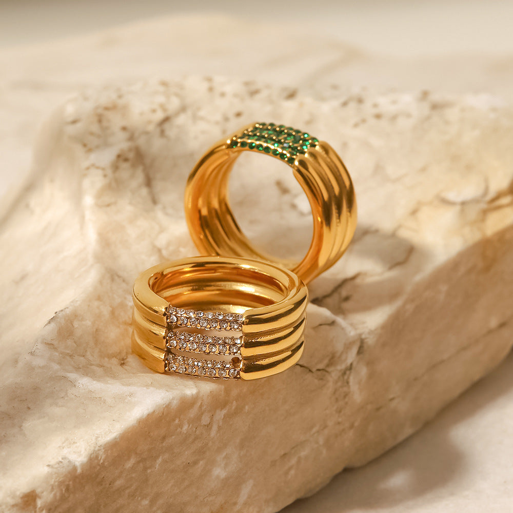 18K Gold Plated Three-Layer Ring with White/Green Diamond