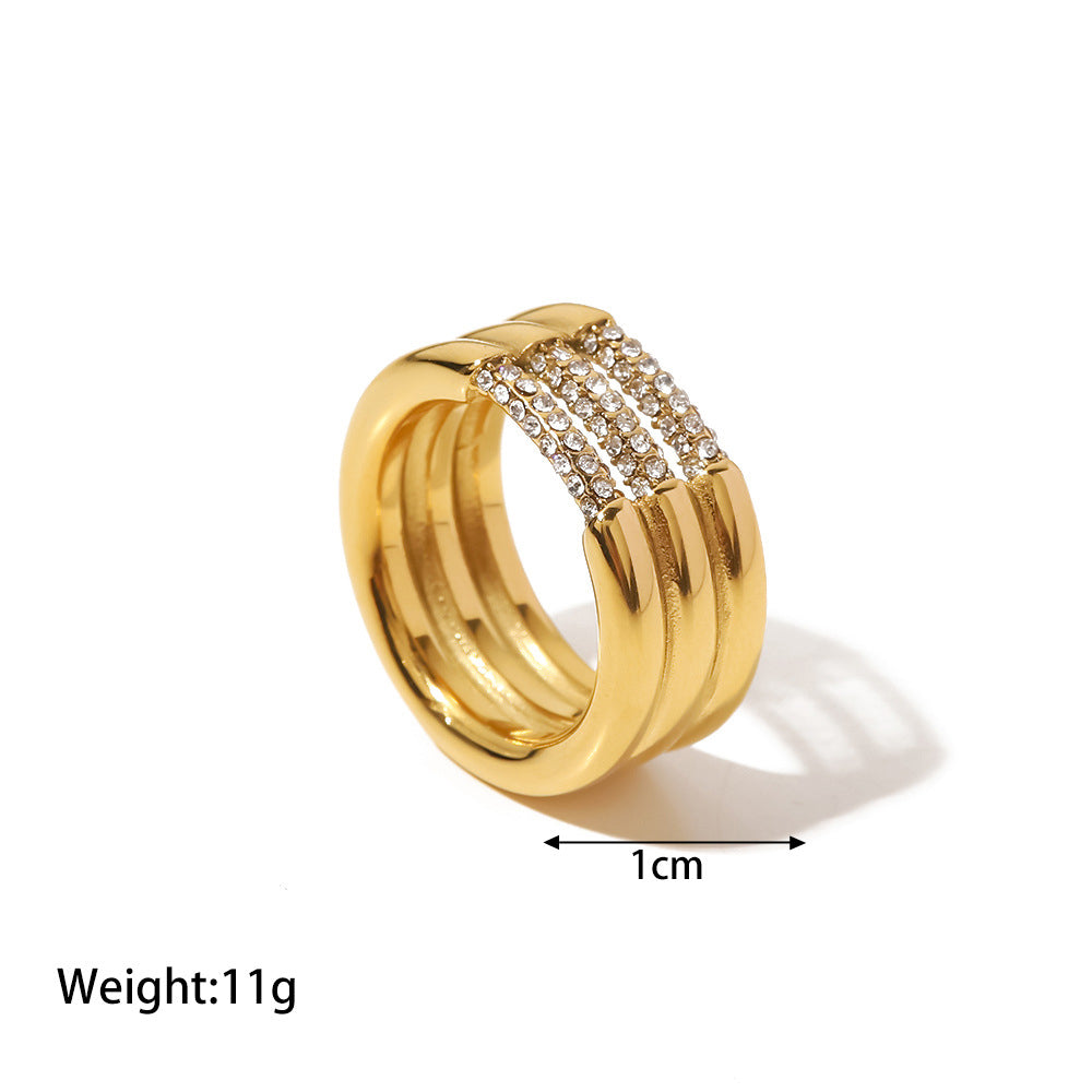 18K Gold Plated Three-Layer Ring with White/Green Diamond