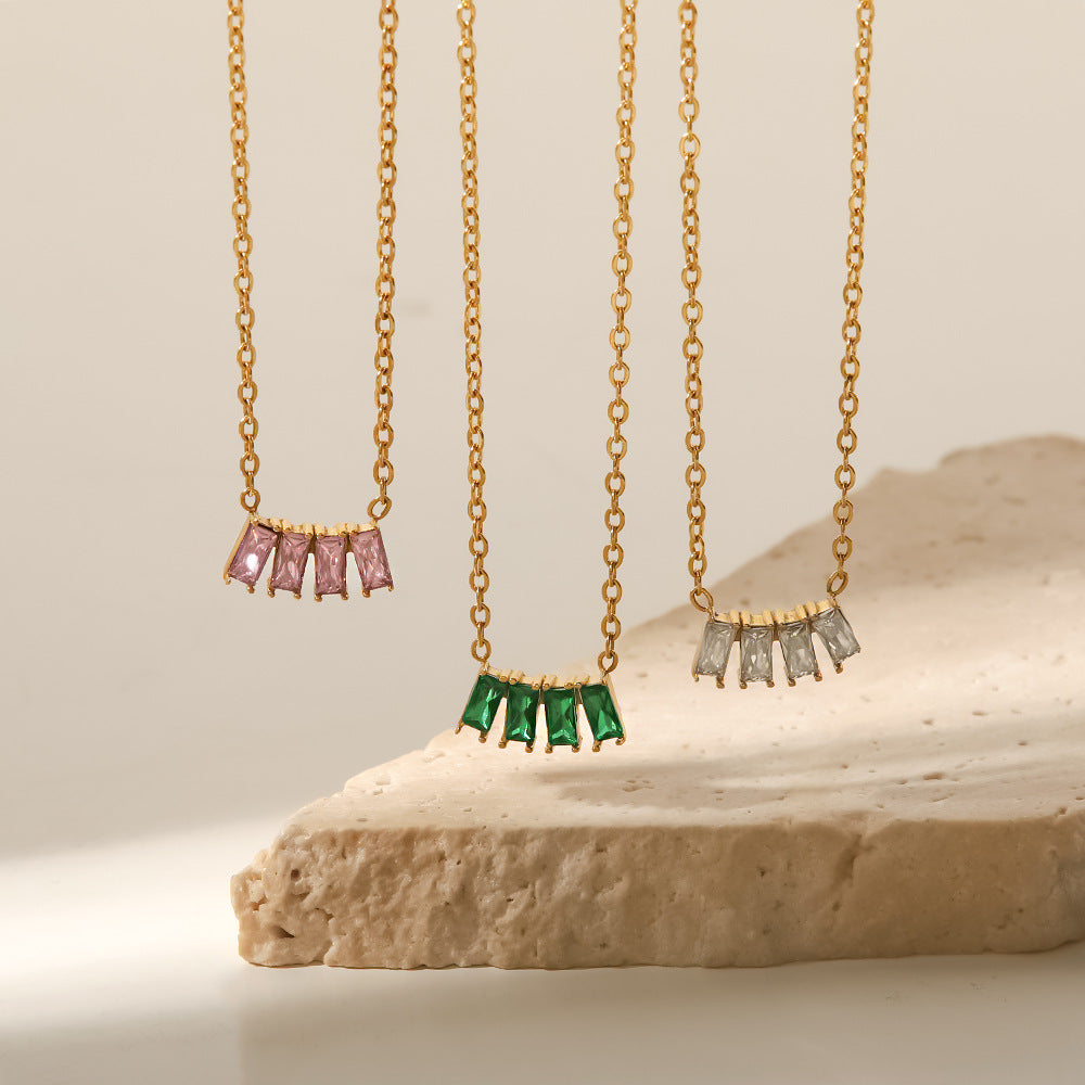 18K Gold Plated Zircon Necklace with Pink, White & Green Stones