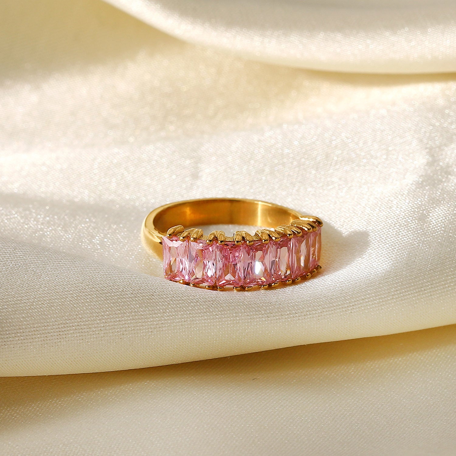 18K Gold Half Circle Rectangular Zircon Ring for Women