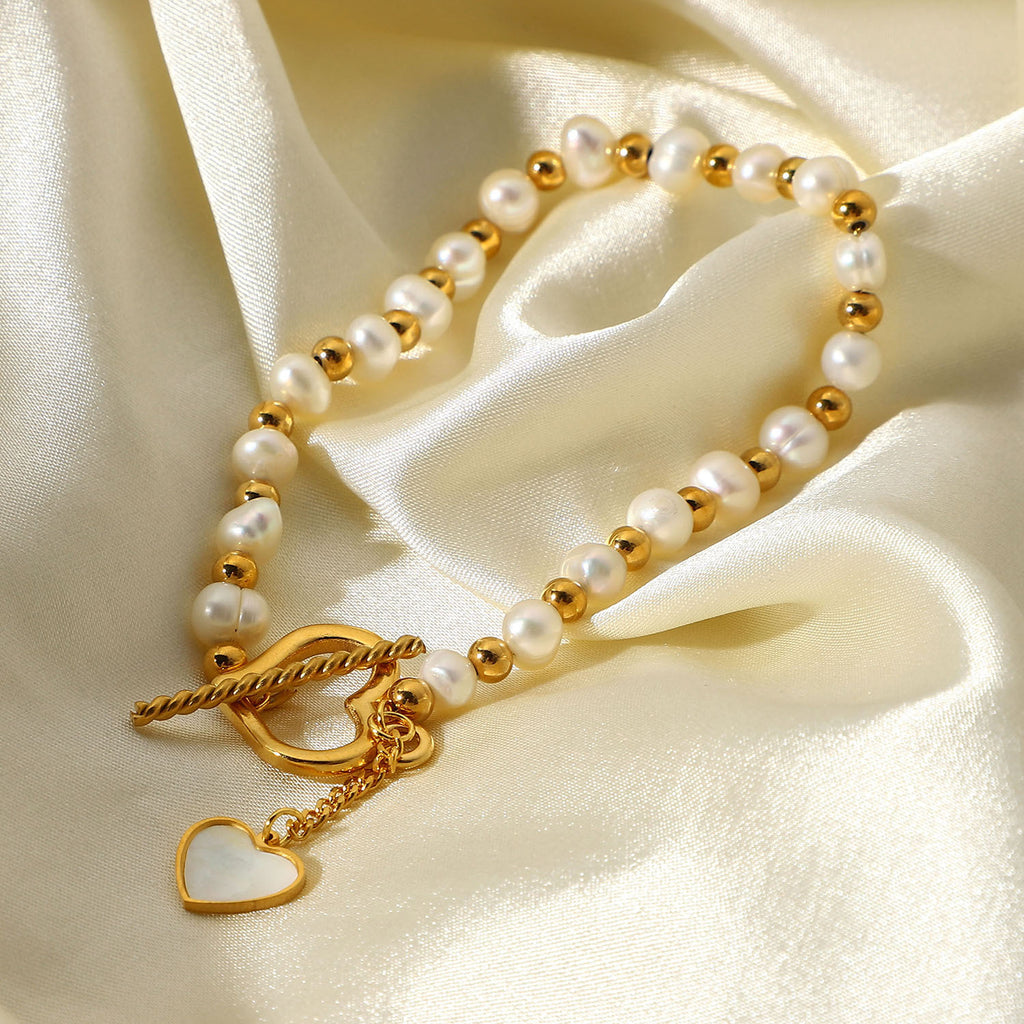 18K Gold Pearl Heart OT Buckle Bracelet for Women