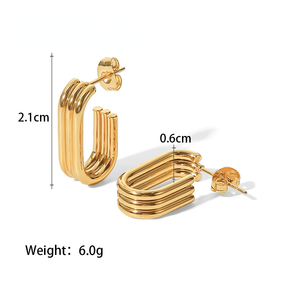 18K Gold Three-Layer Ring U-Shaped Open Earrings for Women