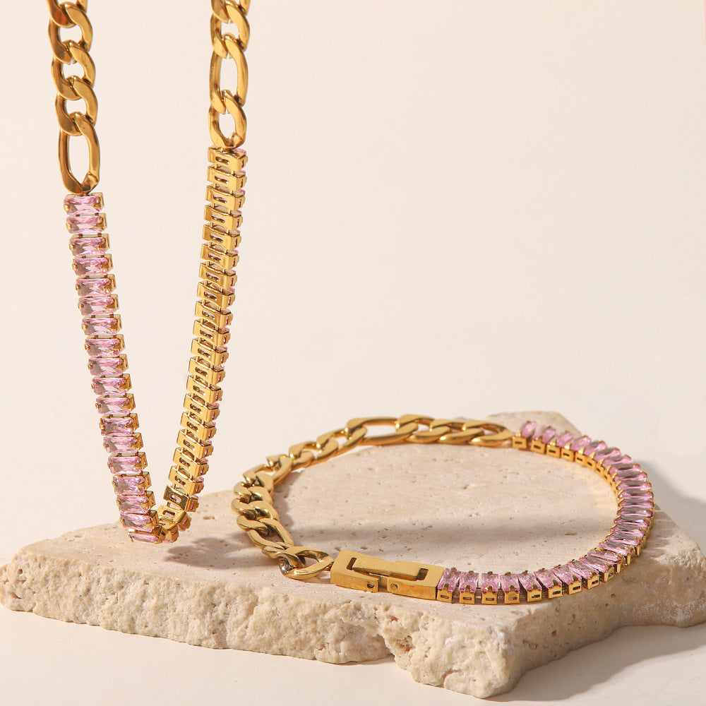 18K Gold Plated Pink Zircon Figaro Bracelet for Women