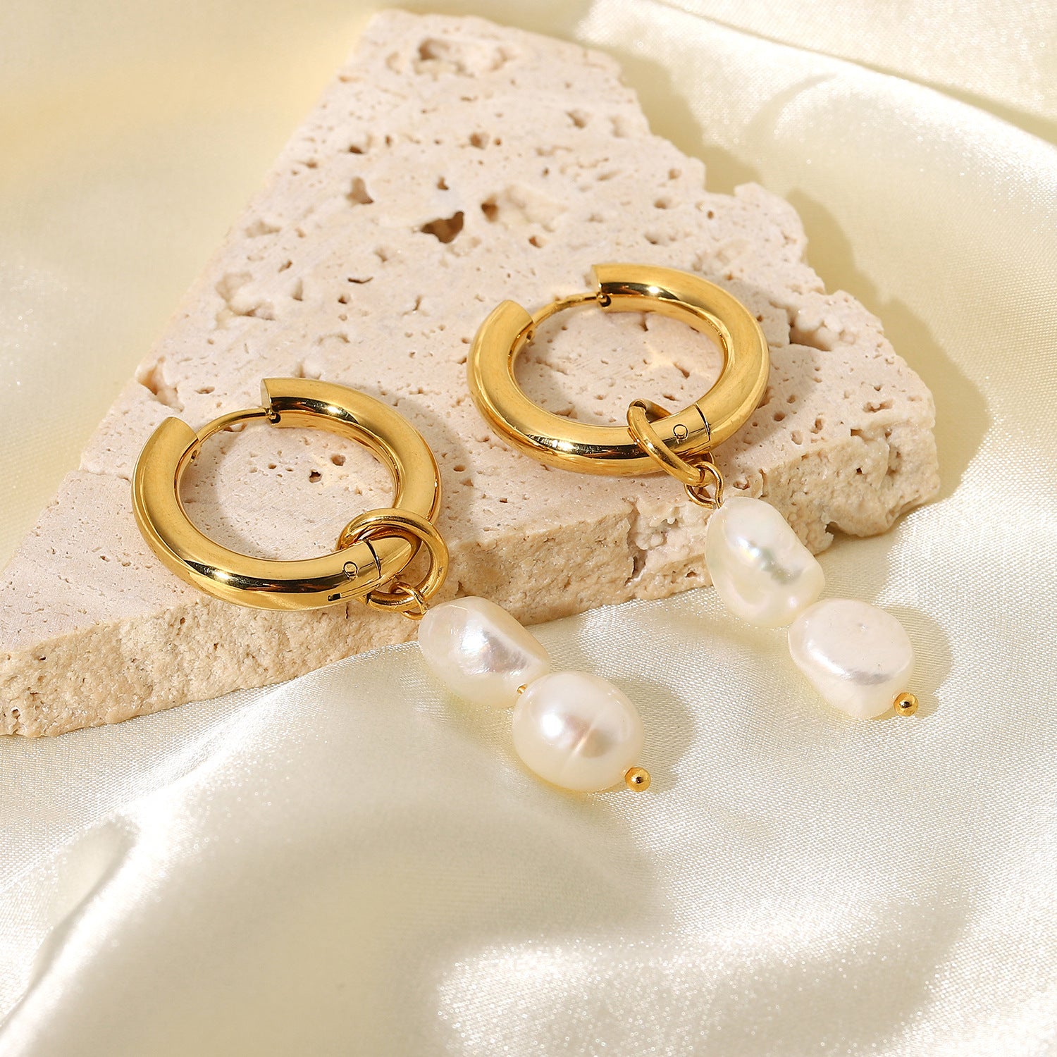 18K Gold Pearl Drop Double Earrings for Elegant Everyday Style