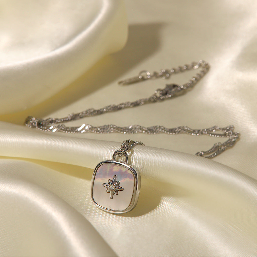 Square Inlaid Natural Shell Pendant Necklace for Women