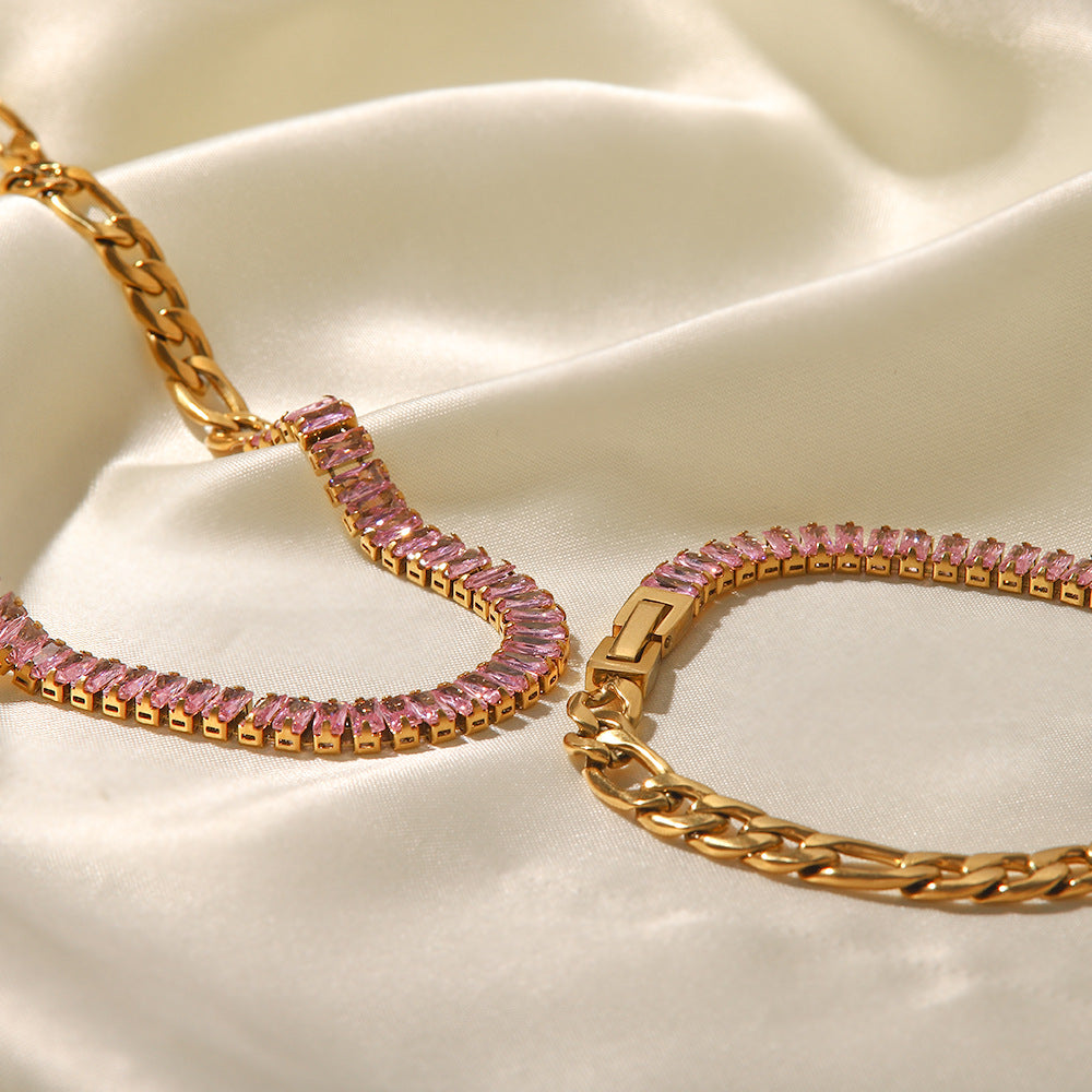 18K Gold Plated Pink Zircon Figaro Bracelet for Women
