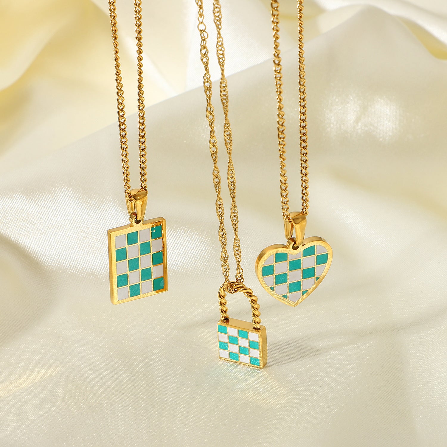 18K Chess Checker Black White Green White Titanium Steel Necklace