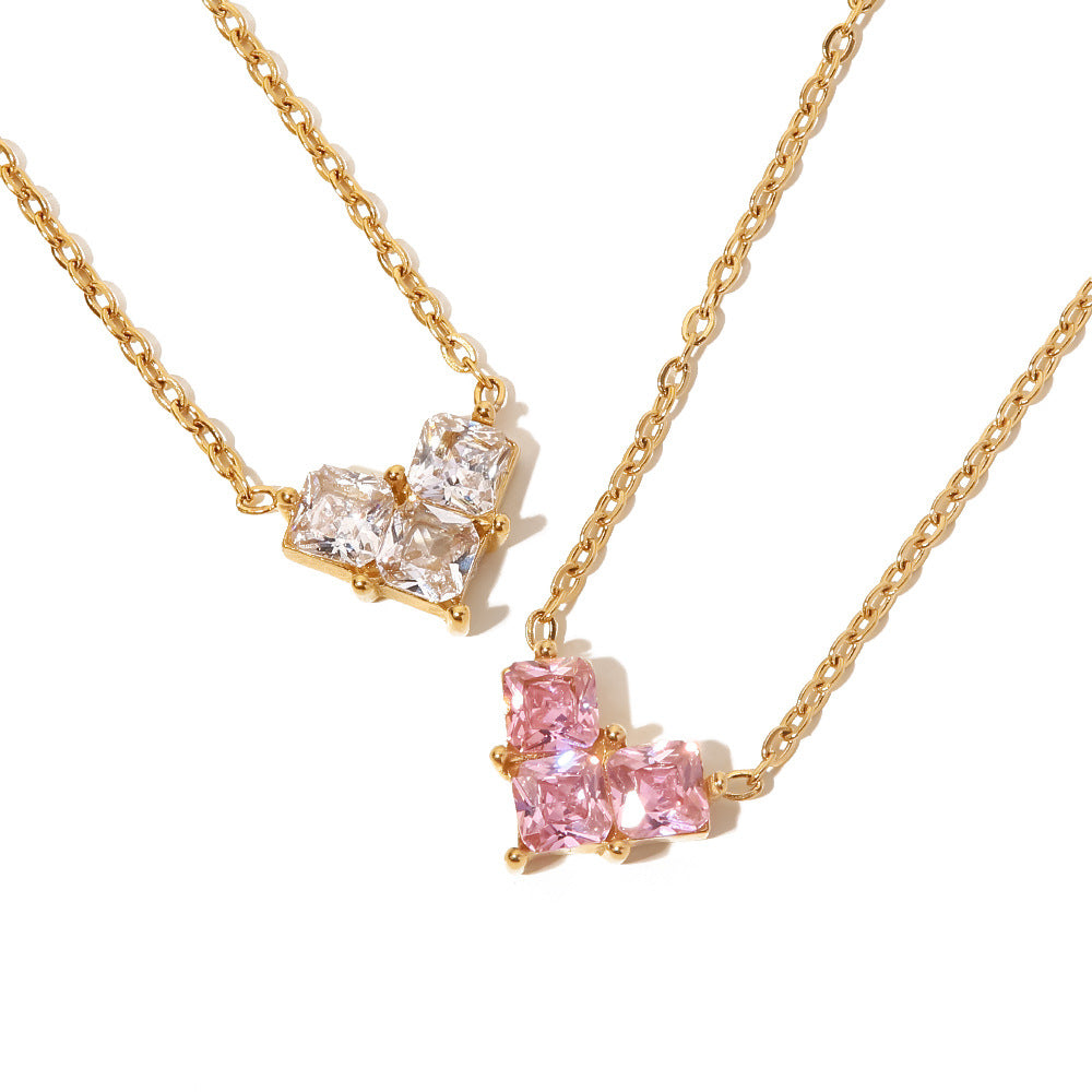 18K Gold Plated Love Pendant Necklace showcasing pink and white zircon on elegant chains.