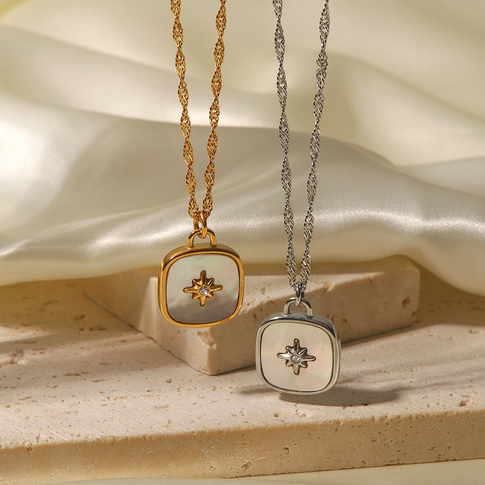 Square Inlaid Natural Shell Pendant Necklace for Women