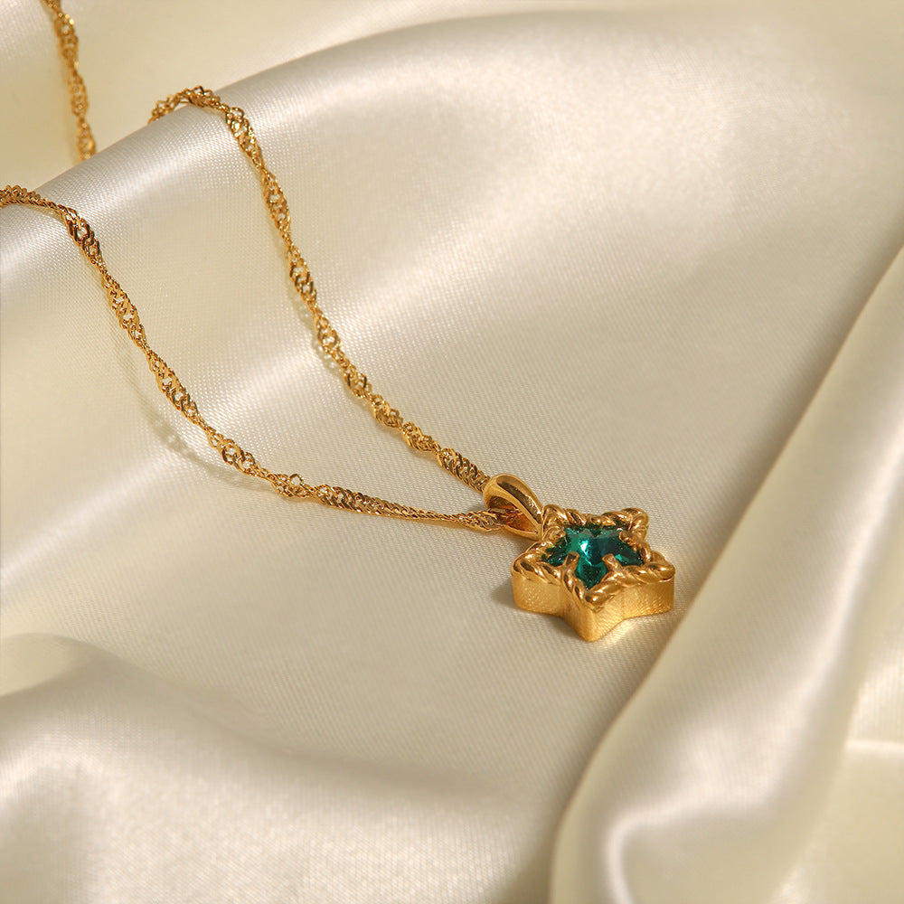 18K Gold Plated Pentagram Pendant Necklace with White Zircon