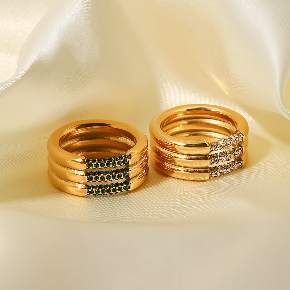 18K Gold Plated Three-Layer Ring with White/Green Diamond