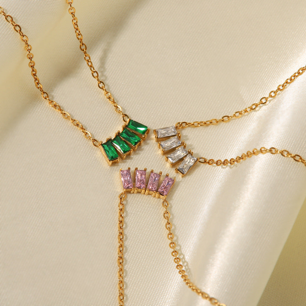 18K Gold Plated Zircon Necklace with Pink, White & Green Stones