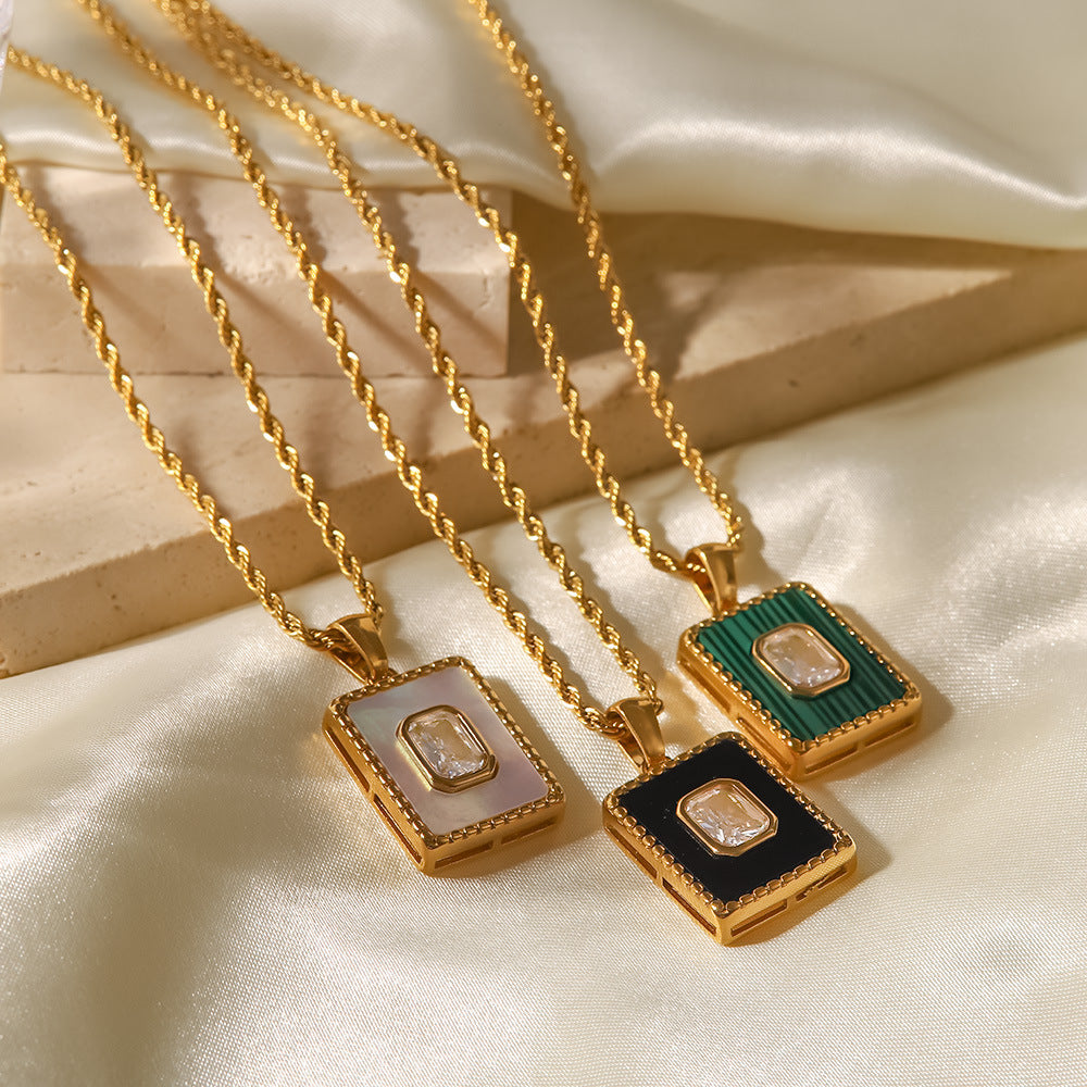 18K Gold Malachite Twist Chain Square Pendant Necklace