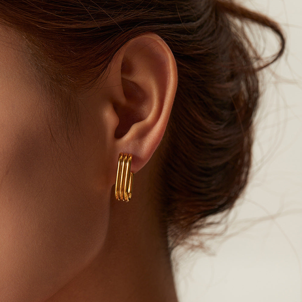 18K Gold Three-Layer Ring U-Shaped Open Earrings for Women