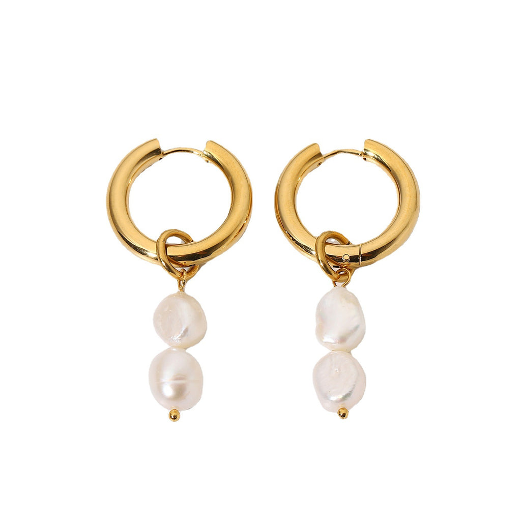 18K Gold Pearl Drop Double Earrings for Elegant Everyday Style