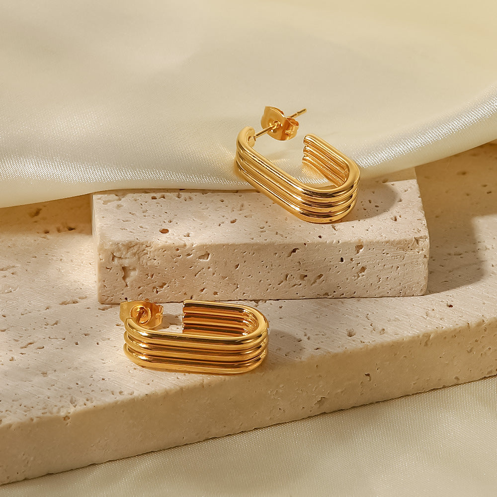 18K Gold Three-Layer Ring U-Shaped Open Earrings for Women