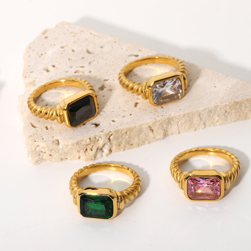 Rectangular Emerald Pink White Black Zircon Ring for Women