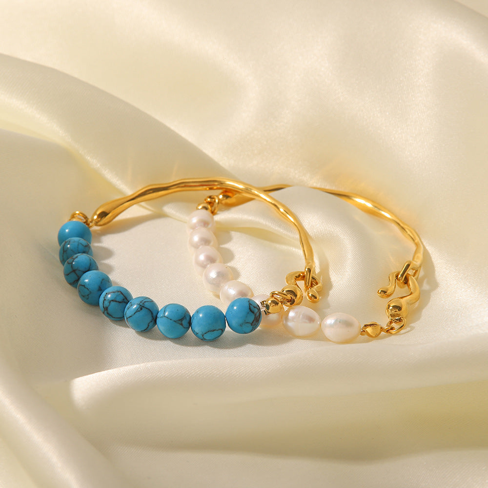 Natural Pearl Blue Turquoise 18K Gold Bracelet | Vintage Luxury