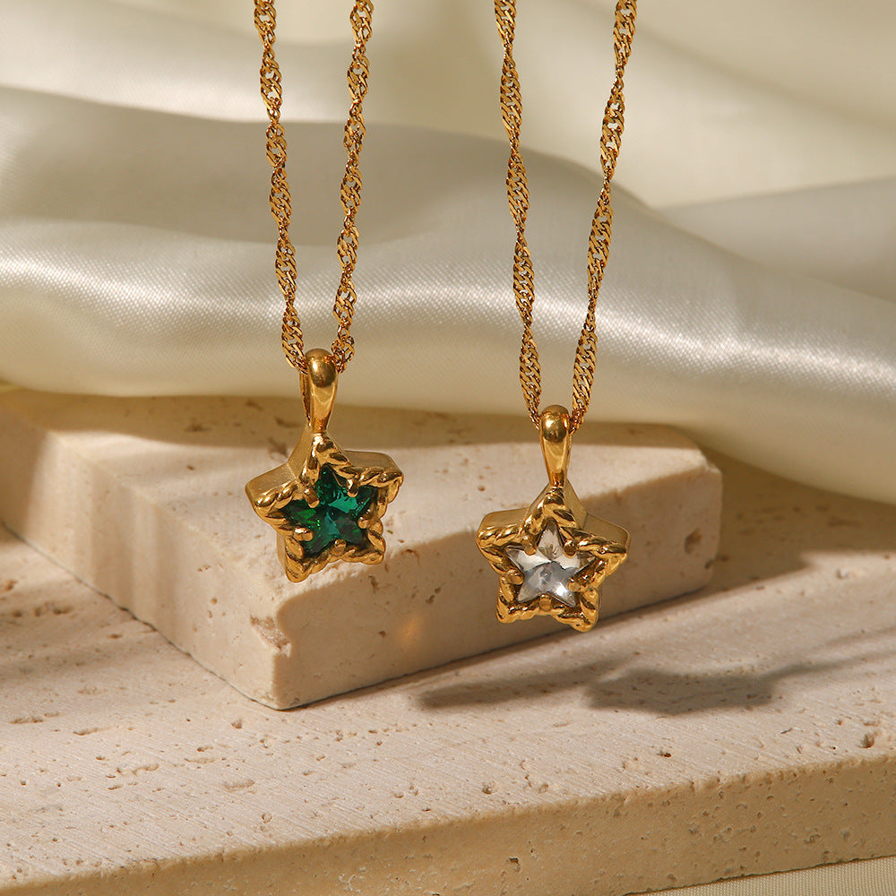 18K Gold Plated Pentagram Pendant Necklace with White Zircon