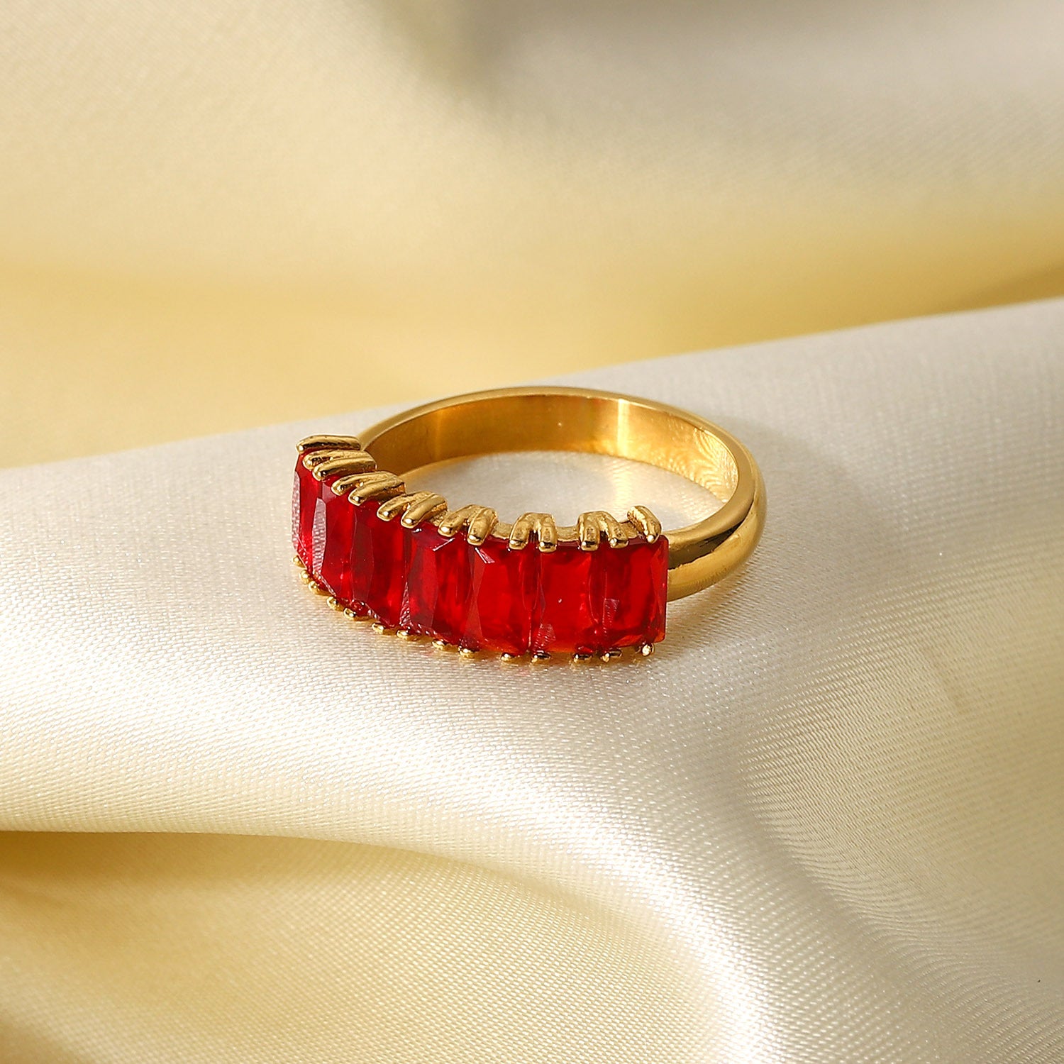 18K Gold Half Circle Rectangular White Red Green Pink Zircon Ring