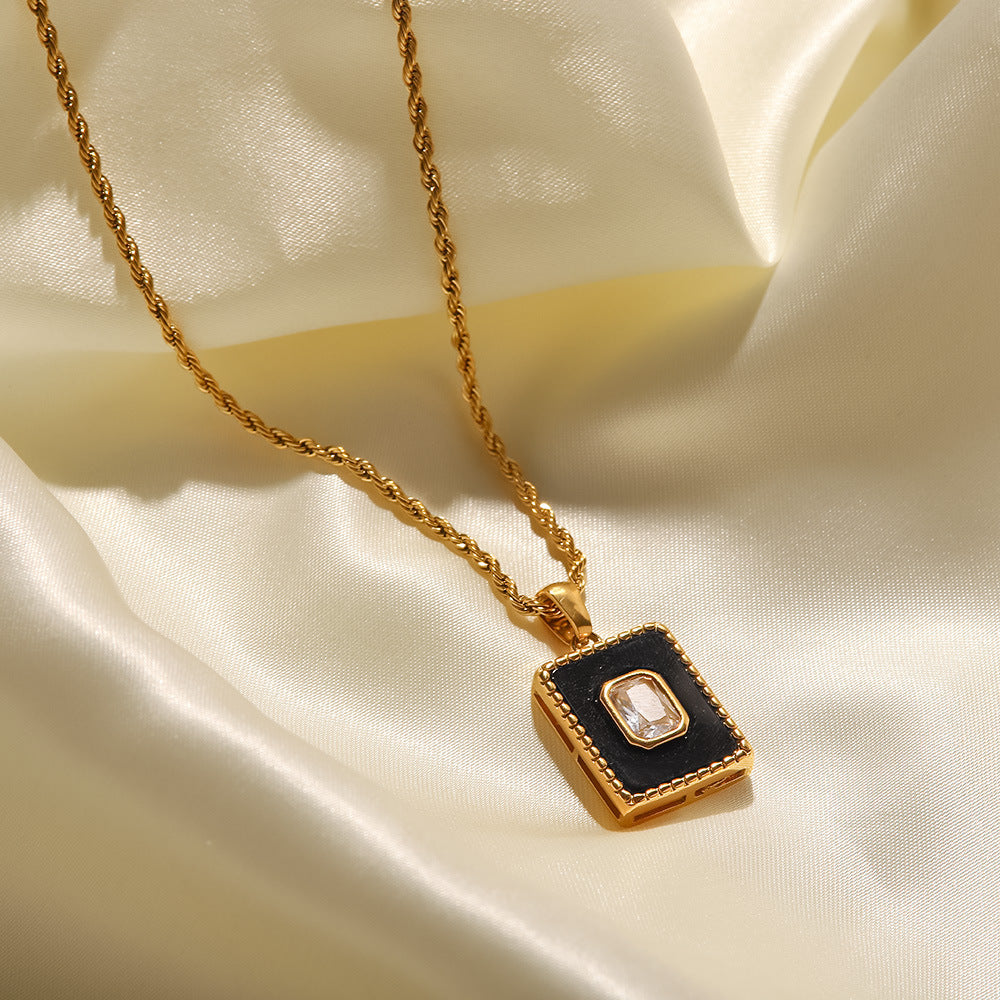 18K Gold Malachite Twist Chain Square Pendant Necklace