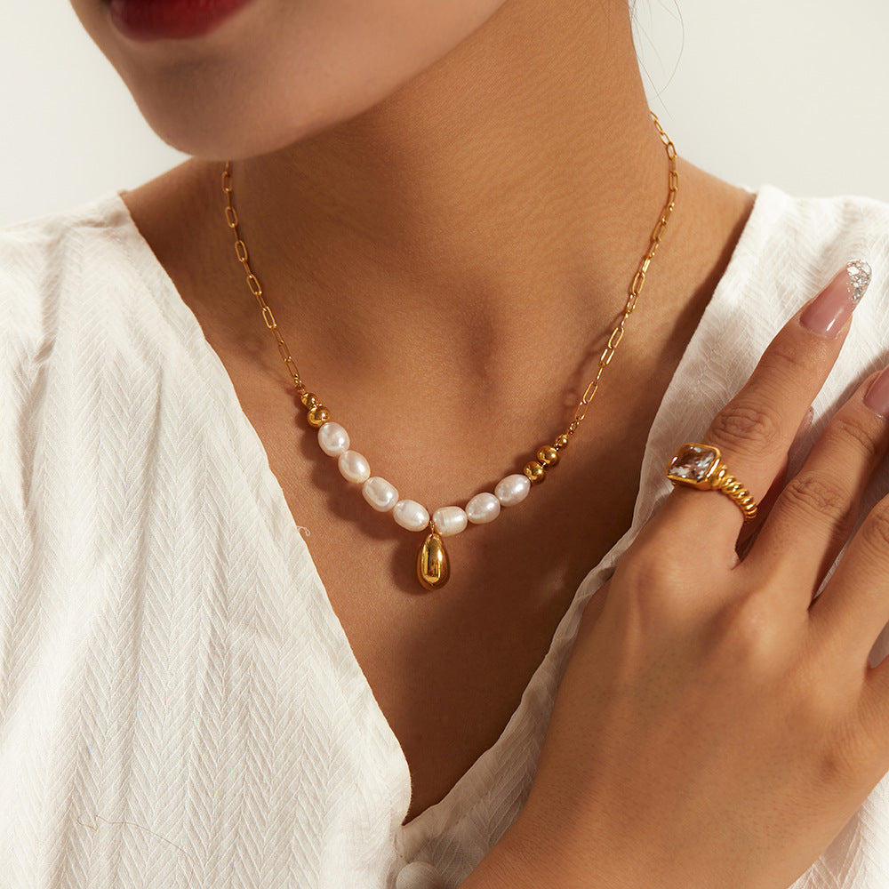 18K Golden Baroque Freshwater Pearl Necklace French Elegant