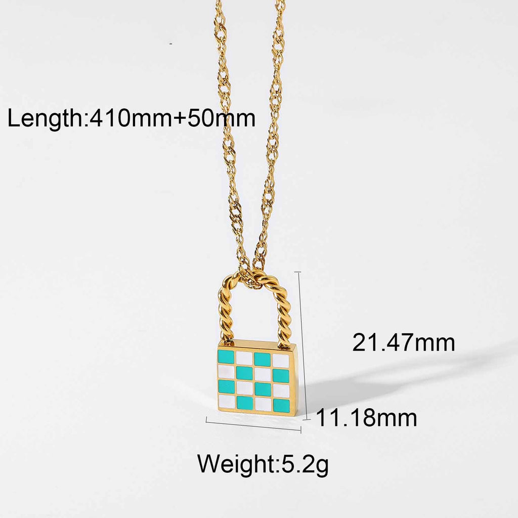 18K Chess Checker Black White Green White Titanium Steel Necklace