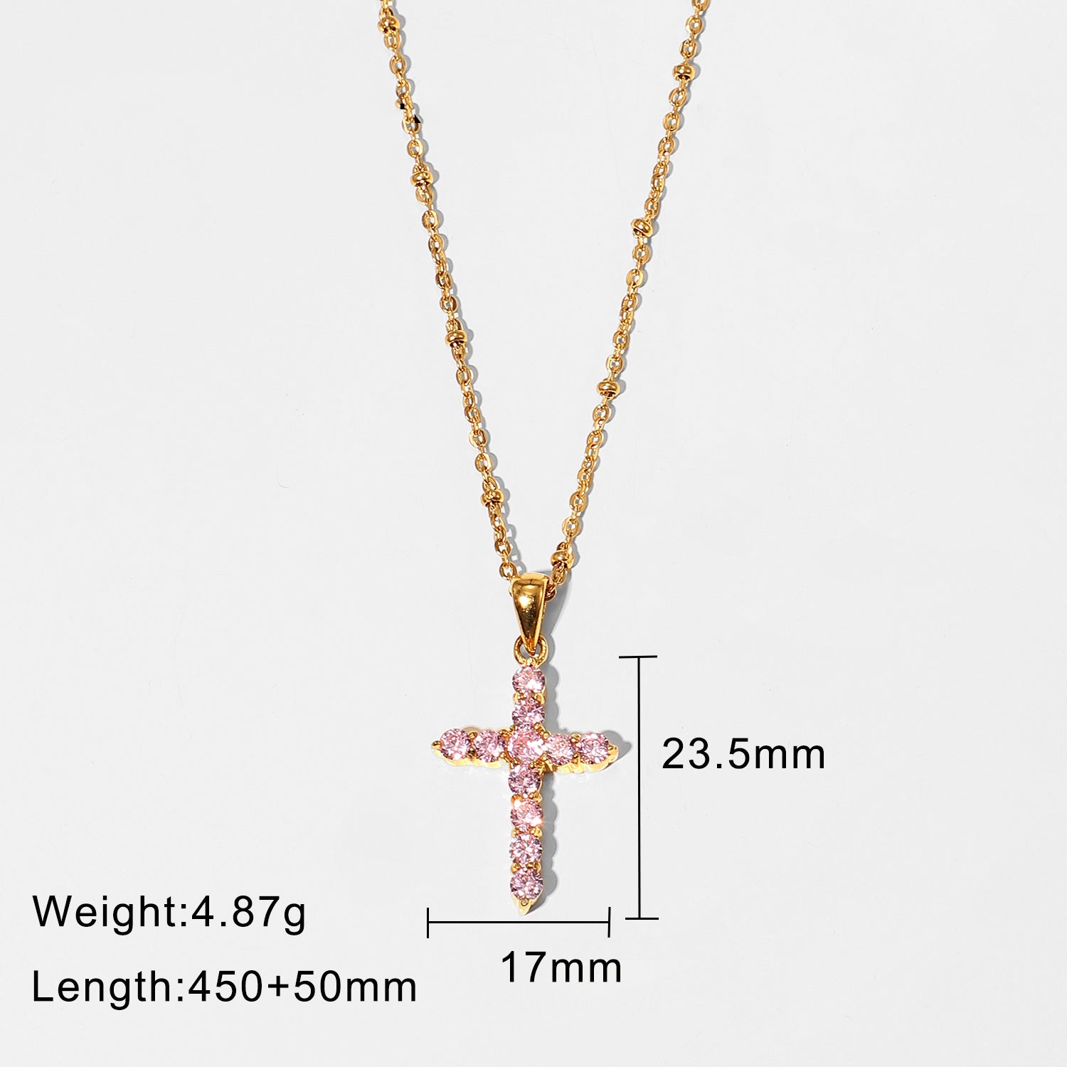 18K Gold Plated Pink Zircon Cross Pendant Necklace for Women