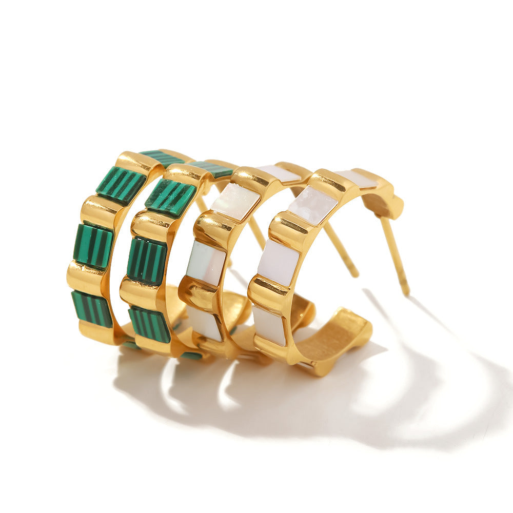 18k Gold Plated C Shape Bamboo Hoop Earrings with Shell