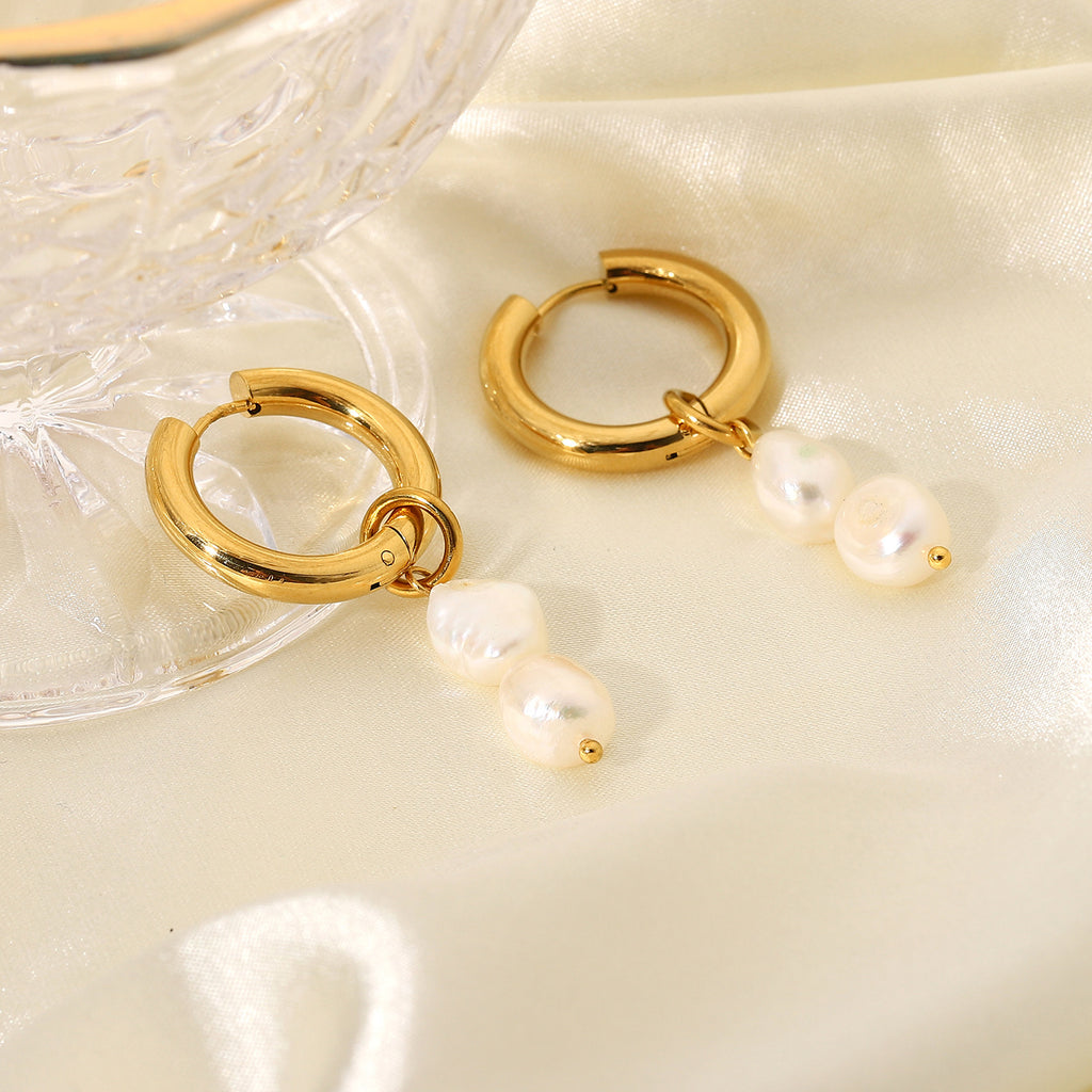 18K Gold Pearl Drop Double Earrings for Elegant Everyday Style