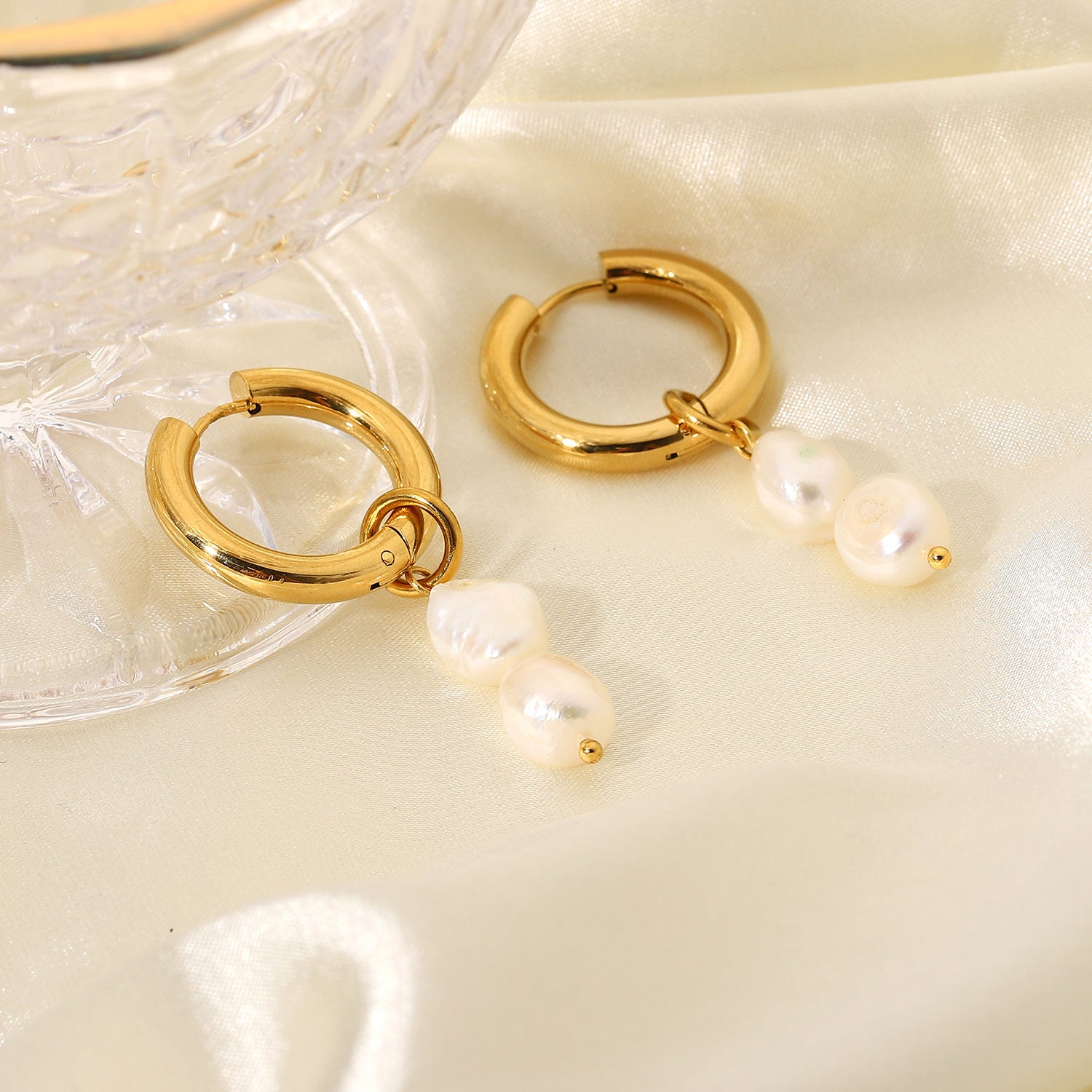 18K Gold Pearl Drop Double Earrings for Elegant Everyday Style