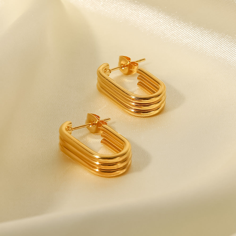 18K Gold Three-Layer Ring U-Shaped Open Earrings for Women